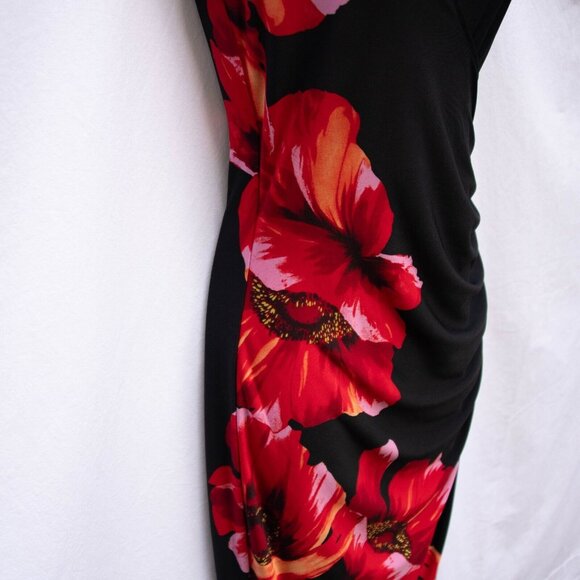 Vtg Cache Dress XS Stretch Black Draped Faux Wrap w Large Poppies Floral Print - Picture 4 of 7